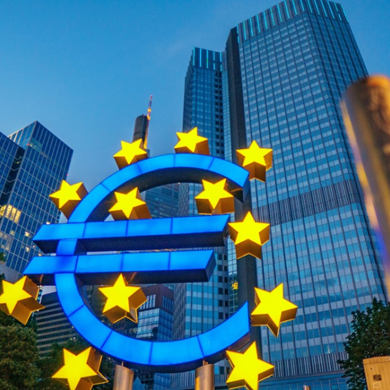 symbol euro z gwiazdami UE na tle wieżowców