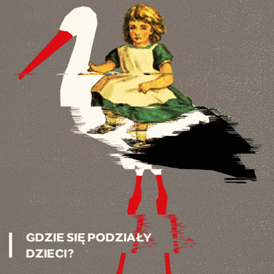 na szarym tle: grafika przedstawiająca małą dziewczynkę na bocianie