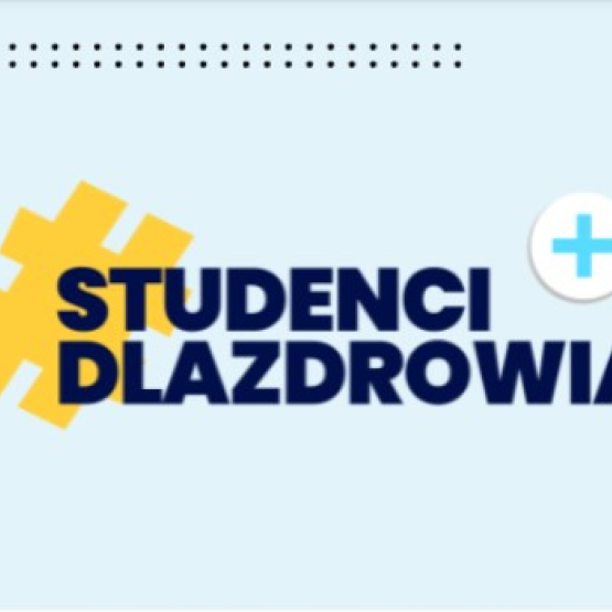 na niebieskim tle napis Studenci dla zdrowia; w prawym górnym rogu logo NZS