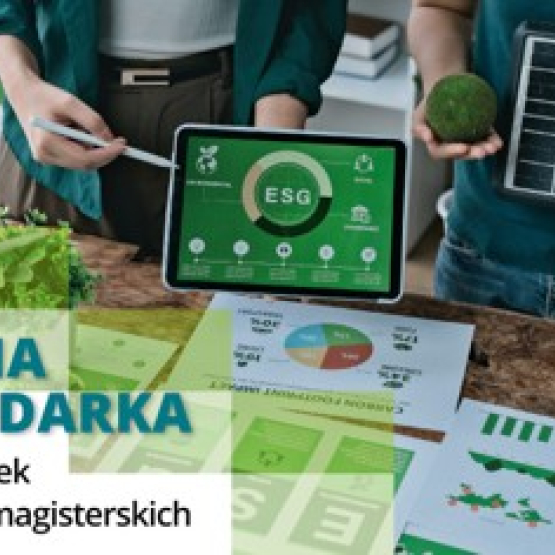 grafika przedstawiająca osobę trzymającą tablet i napis „Zielona gospodarka - nowy kierunek na studiach magisterskich"