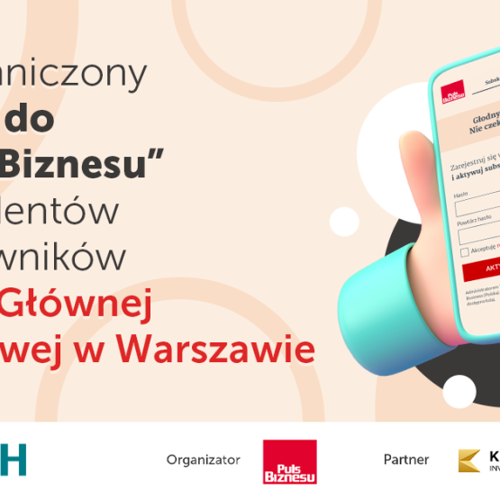 Grafika przedstawiająca trzymany w dłoni telefon komórkowy oraz napis nieograniczony dostep do pulsu biznesu dla studentów i pracowników Szkoły Głównej Handlowej w Warszawie