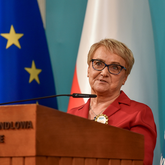 zdjęcie przemawiającej kobiet, z lewej strony flaga Polski