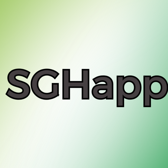 Na zielonym cieniowanym tle czarny napis SGHappka z logo