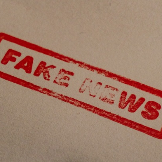 na szarym tle czerwony napis "fakenews"