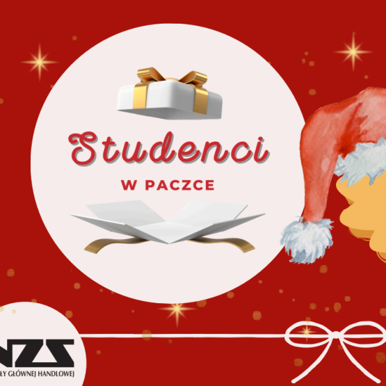 na czerwonym tle świąteczna grafika i napis Studenci w paczce