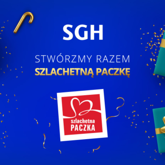na granatowym tle paczki z prezentami i napis SGH Szlachetna Paczka