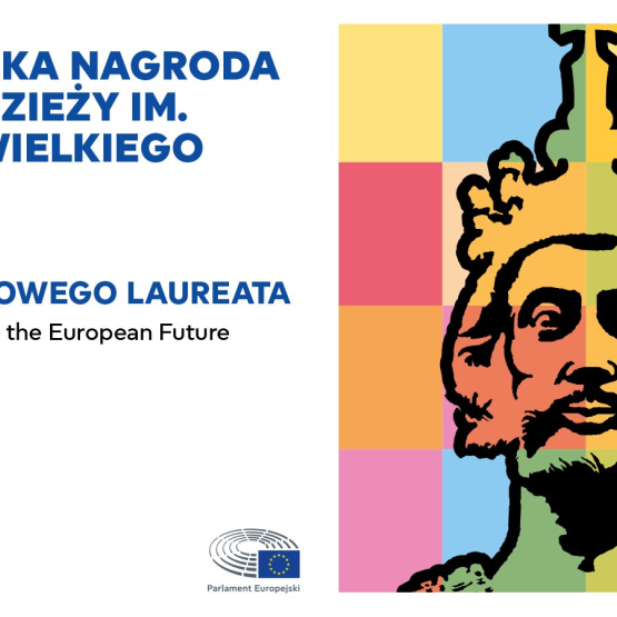 grafika na białym tle napis dotyczący laureata Nagrody im. Karola Wielkiego