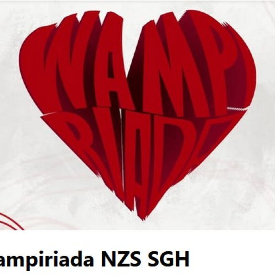 grafika przedstawiająca czerwone serce na białym tle z wpisanym w kształt hasłem "wampiriada", na dole małe serce z napisem Wampiriada NZS SGH