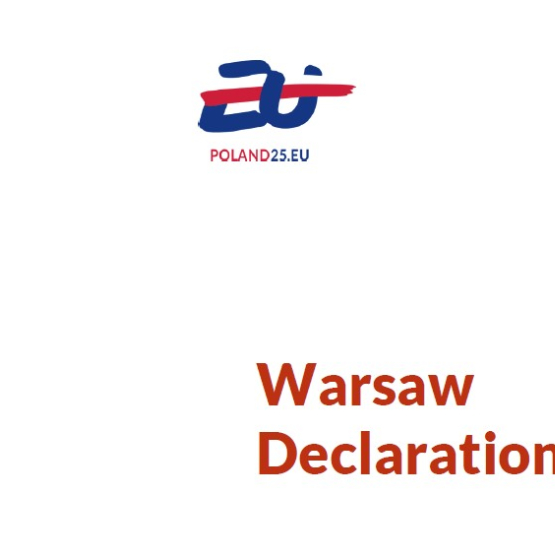 na białym tle logo polskiej prezydencji w Radzie UE i czerwony napis Warsaw Declaration