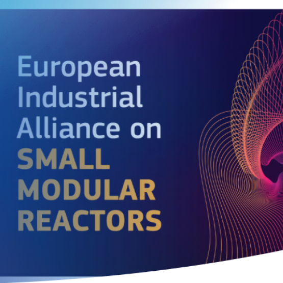 grafika na granatowo-niebieskim tle napis: european Industrial Alliance on SMALL MODULAR REACTORS