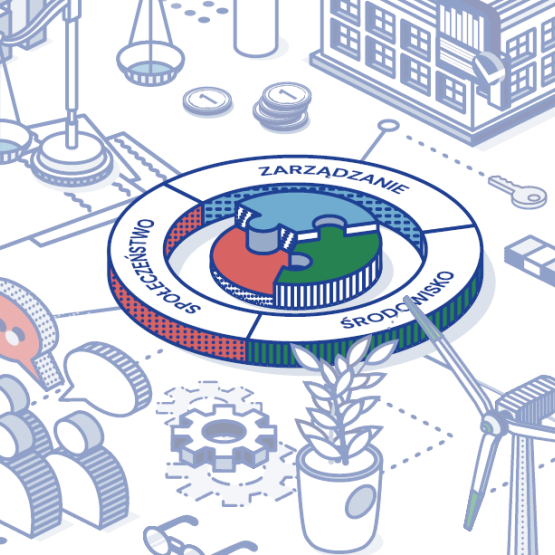 kilka elementów graficznych na białym tle, na srodku okrąg podzielony na trzy sektory z napisem środowisko, społeczeństwo, zarządzanie, dwa kolorowe puzzle w środku okręgu