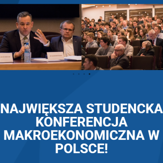 niebieska grafika: w połowie u góry dwa zdjęcia, na dole biały napis: Największa studencka konferencja makroekonomiczna w Polsce