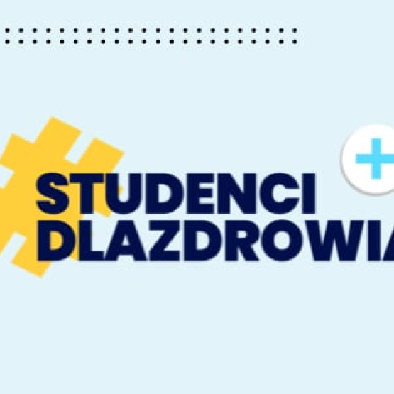 na błękitnym tle napis Studenci dla zdrowia, w lewym górnym rogu logo NZS