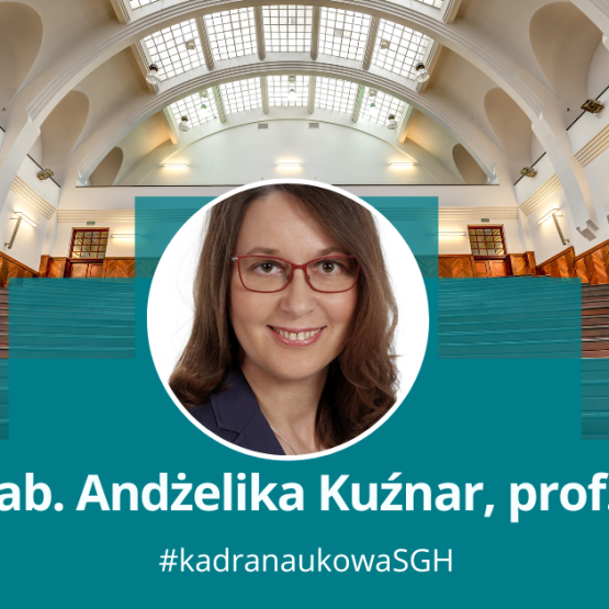 grafika przedstawiająca okrągłe zdjęcie kobiety na tle uczelnianej auli i podpis: dr hab. Andżelika Kuźnar, prof. SGH; #kadranaukowa SGH