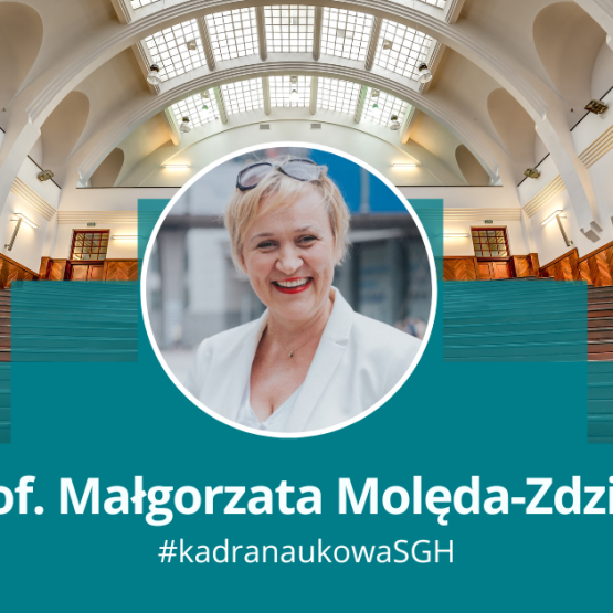 grafika przedstawiająca okrągłe zdjęcie kobiety na tle uczelnianej auli; podpis: dr hab. Małgorzata Molęda-Zdziech, prof. SGH #kadranaukowa SGH