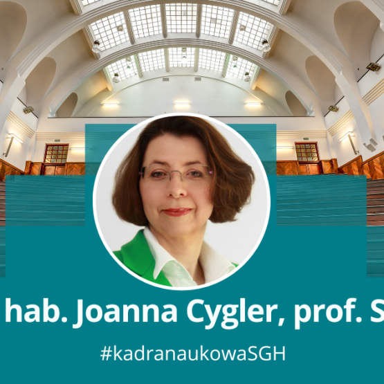 grafika przedstawiająca twarz kobiety w okrągłej ramce na tle uczelnianej auli; napis: dr hab. Joanna Cygler, prof. SGH #kadranaukowa