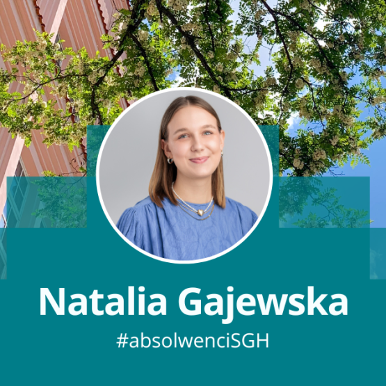 grafika przedstawiająca okrągłe zdjęcie kobiety na tle budynku uczelni i drzewa; podpis: Natalia Gajewska #absolwenci