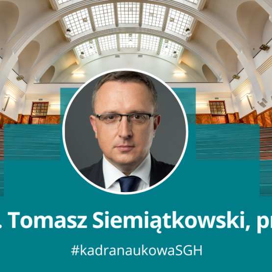 grafika przedstawiająca twarz mężczyzny w okrągłej ramce na tle uczelnianej auli