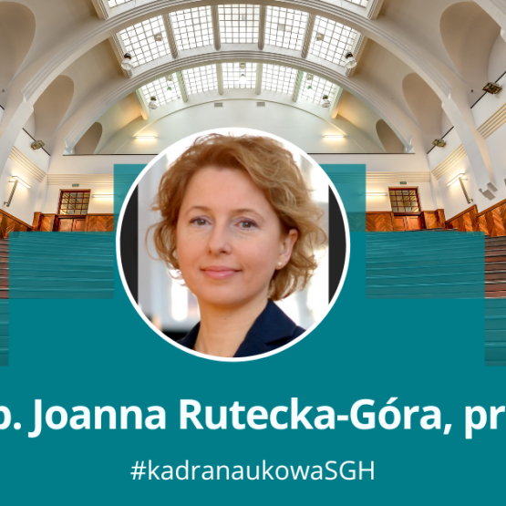 grafika przedstawiająca zdjęcie kobiety w okągłęj ramce na tle jednej z uczelnianych auli; podpis dr hab. Joanna Rutecka-Góra, prof. SGH, #kadranaukowaSGH