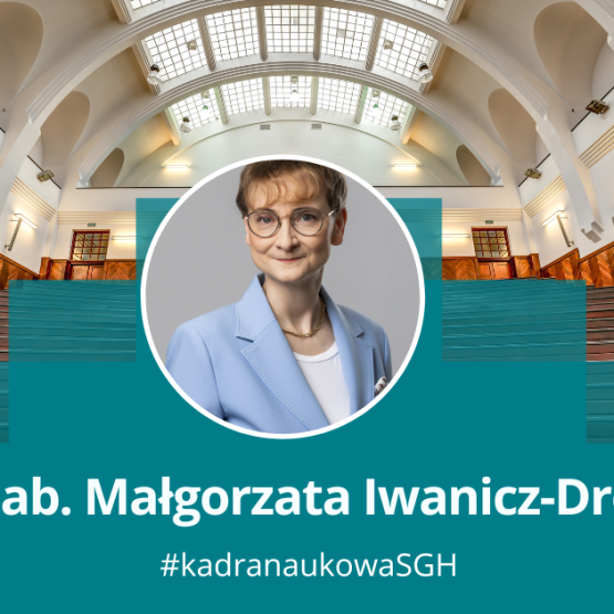 grafika przedstawiająca zdjęcie kobiety w okrągłej ramce na tle jednej z uczelnianych auli, pod spodem napis: prof. dr hab. Małgorzaty Iwanicz-Drozdowskiej; #kadra naukowa SGH