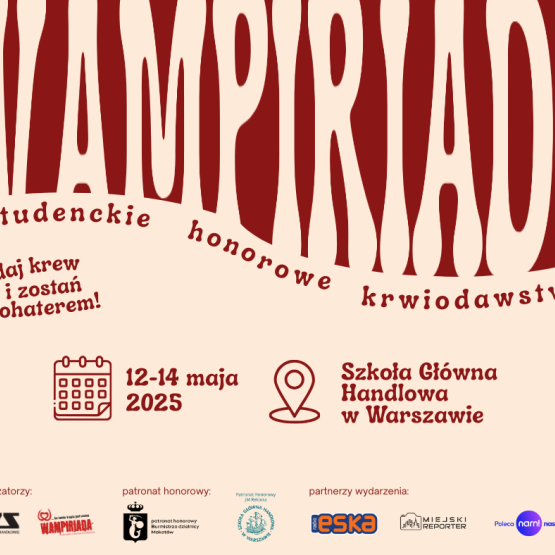 na bezowym tle czerwony napis Wampiriada i na dole loga