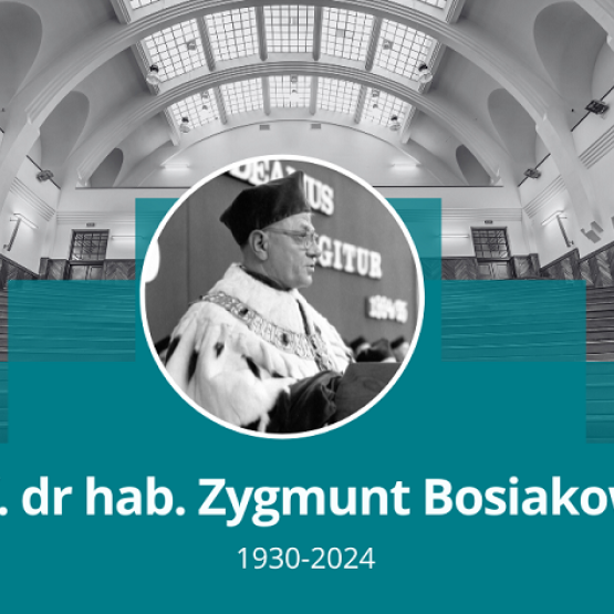 zdjęcia czarno-białe prof. dr. hab. Zygmunta Bosiakowskiego w kółku z podpisem, w tle aula SGH