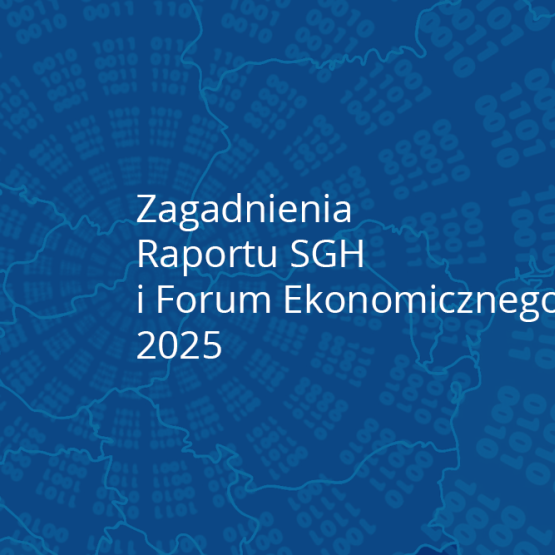 na granatowym tle z liczbami ułożonymi promieniście napis: Zagadnienia Raportu SGH i Forum Ekonomicznego 2025