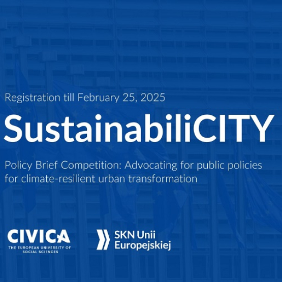 na granatowym tle napis: SustainabiliCITY oraz logo CIVICA i SKN UE