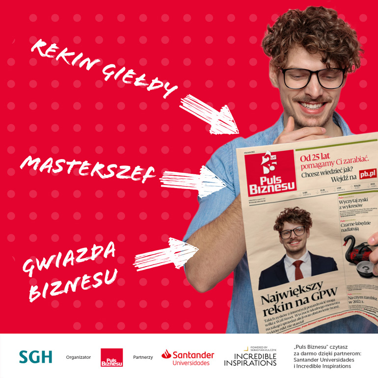 grafika kolorowa, student trzymający gazetę Puls Biznesu ze swoim zdjęciem na okładce