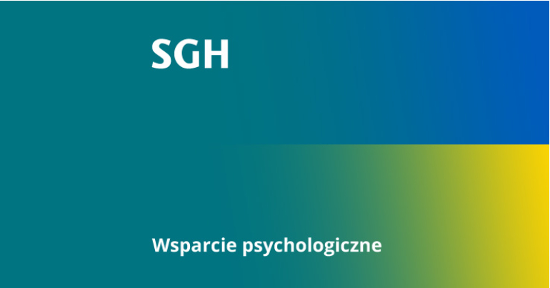 na grafice: zielony kolor SGH przenikający w kolory flagi ukraińskiej z napisem wsparcie psychologiczne