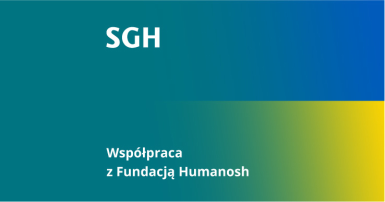 grafika łącząca barwy SGH i flagę Ukrainy; informacja o współpracy SGH z Fundacją Humanosh