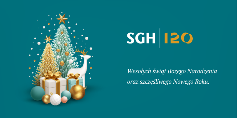 na turkusowym tle choinka z prezentami i życzenia świąteczno-noworoczne