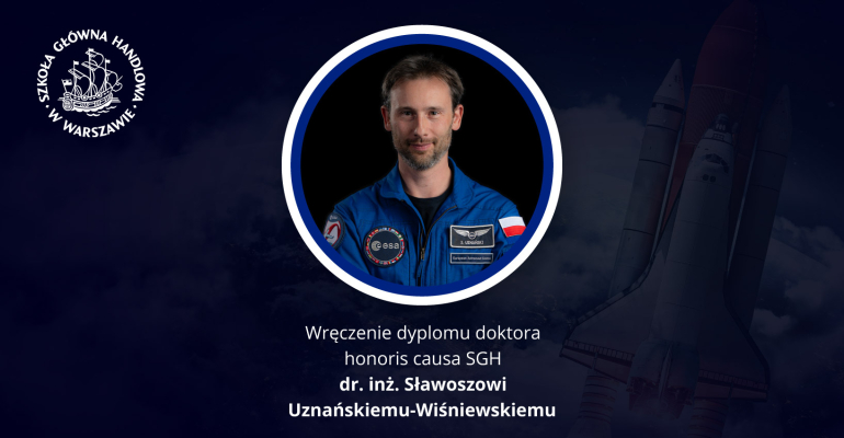 na granatowym tle zdjęcie astronauty w okrągłej ramce