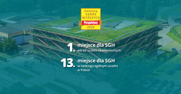 na turkusowym tle nowy budynek uczelni; na froncie żółte logo 