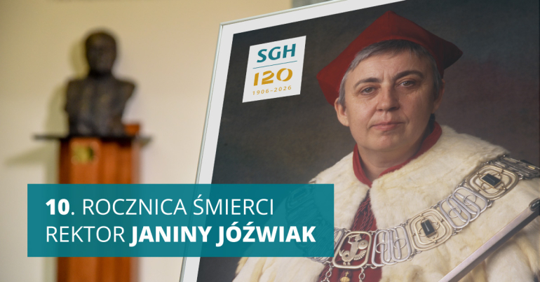 zdjęcie kobiety w todze rektorskiej, w tle jej popiersie i na dole napis: 10. rocznica śmierci rektor Janiny Jóźwiak