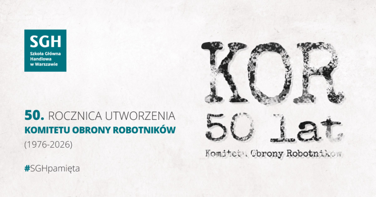 na białym tle napis KOR 50 lat, po lewej stronie logo SGH