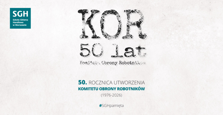 na białym tle napis KOR 50 lat, po lewej stronie logo SGH