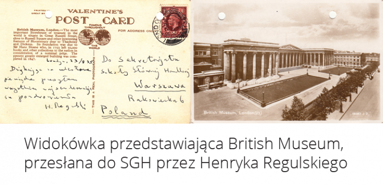 Widokówka przedstawiająca British Museum, przesłana do SGH przez Henryka Regulskiego w 1935 r.