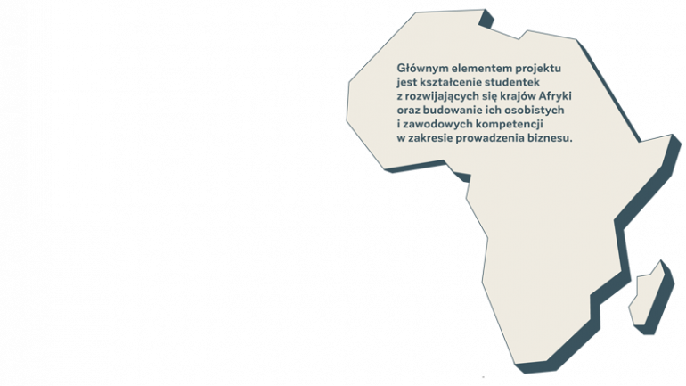 na grafice kształt Afryki z napisem Głównym elementem projektu jest kształcenie studentek z rozwijających się krajów Afryki oraz budowanie ich osobistych i zawodowych kompetencji w zakresie prowadzenia biznesu.