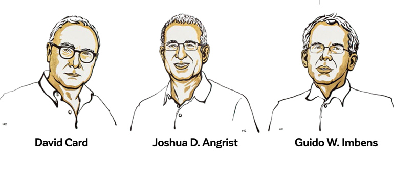 grafika kolorowa przedstawiająca trzech laureatów nagrody Nobla w dziedzinie ekonomii: Dejwida Karda, Dżoszuę Angrista i Głido Imbensa  