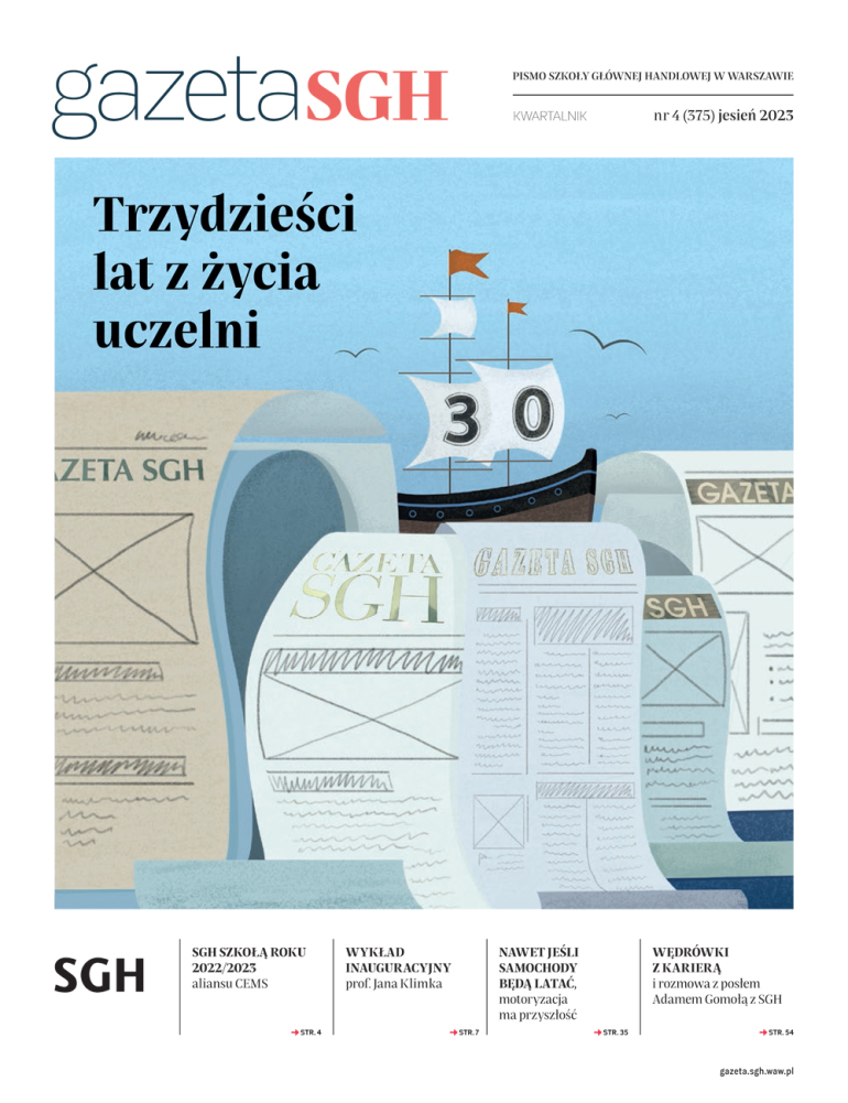 Okładka Gazety SGH nr 375 jesień. Na okładce fale z gazet i statek z żaglami w kształcie liczy 30