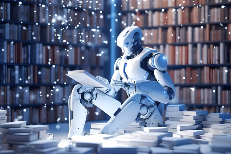 Robot siedzący w bibliotece i czytający książki