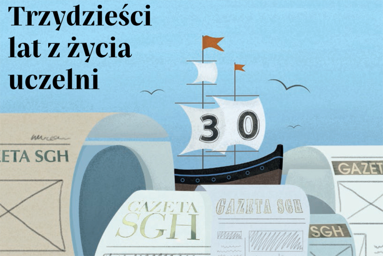 na grafice, szpalty gazet, łódka z napisem na żagla 30 i napis Trzydzieści lat z zycia uczelni