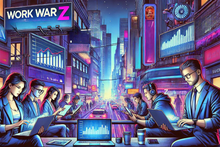 na kolorowej grafice, młodzież siedząca przy laptopach i w komórce. Grafika z Raportu