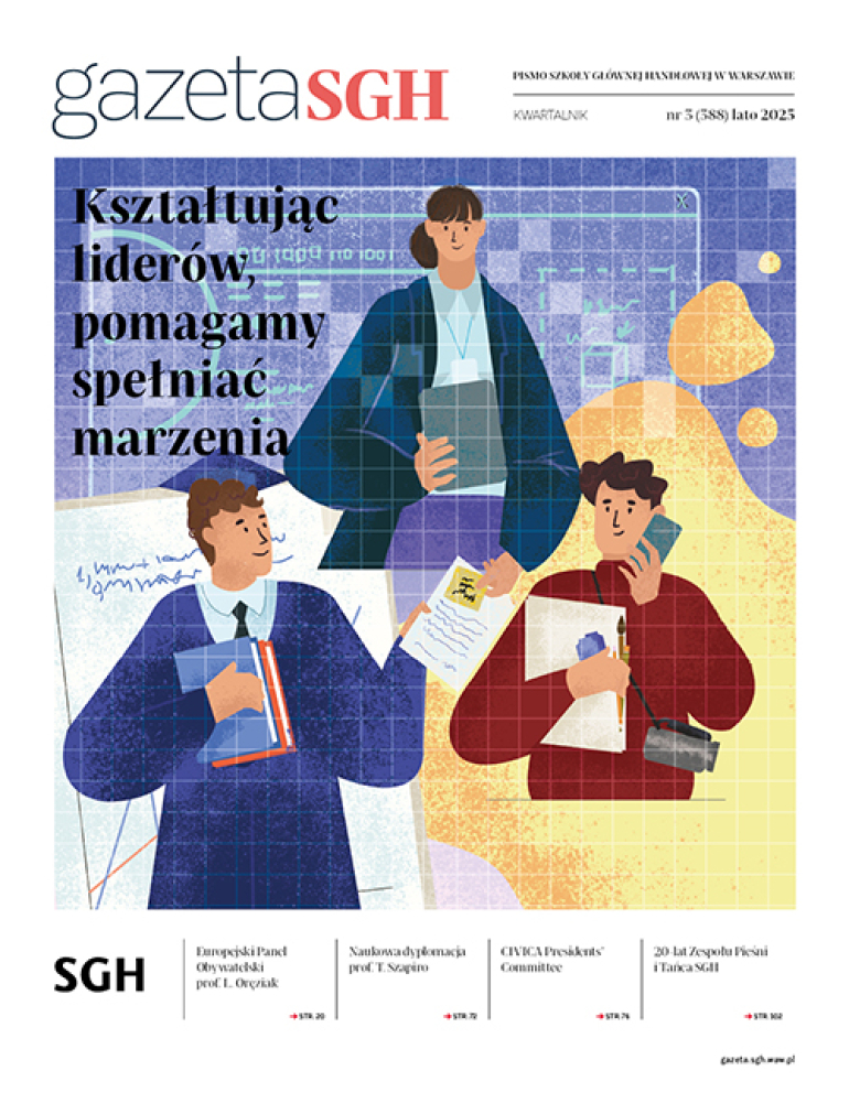 na okładce graficzne przedstawienie trzech postaci, którzy trzymają atrybuty biznesowe