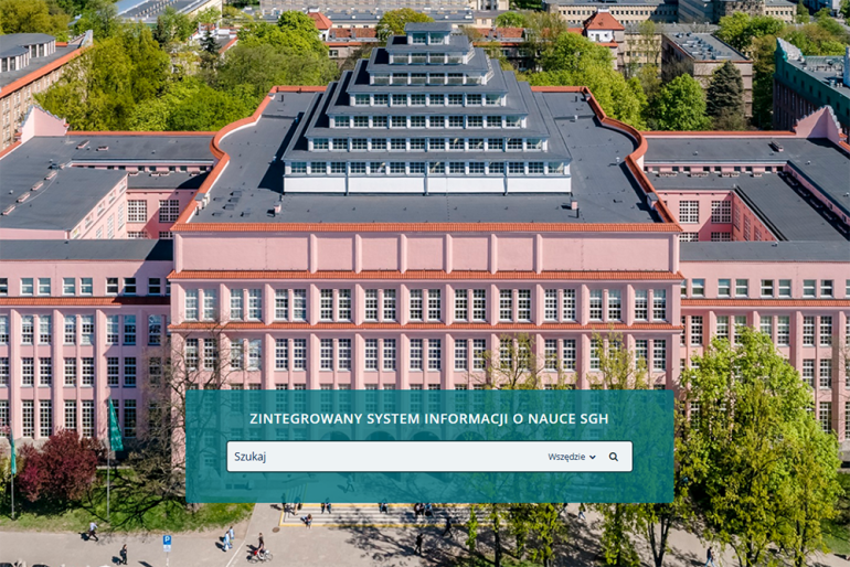 budynek główny SGH z napisem na zielonym tle Zintegrowany System Informacji o nauce SGH