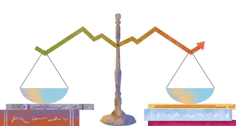 Grafika z wagą, szale nad stosami książek