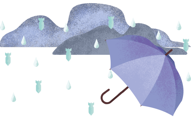 Rysunek parasola, chroniącego przed spadającymi niczym deszcz bombami