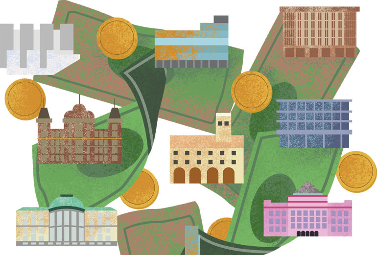 Grafika, trawnik z bryłami gmachów uczelni europejskich 