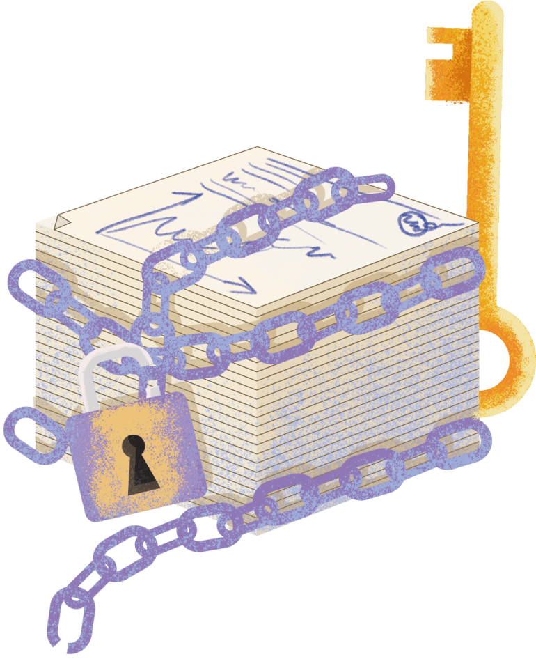 Rysunek stosu dokumentów, przewiązanych łańcuchem z kłódką, klucz ukryty za stosem